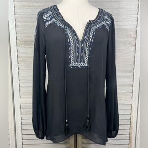 WHITE HOUSE BLACK MARKET Tansy Embroidered Boho Cold Shoulder Blouse Black-10